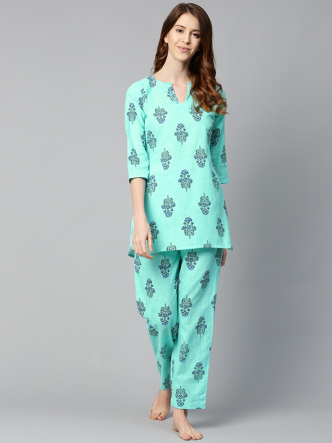 Women's Turq Green And Multi Floral Prnt Top And Pant Set