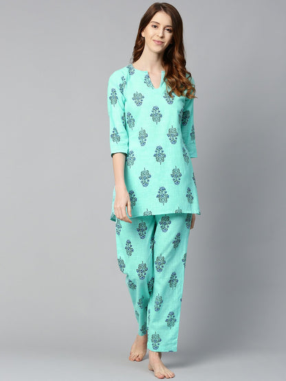 Women's Turq Green And Multi Floral Prnt Top And Pant Set