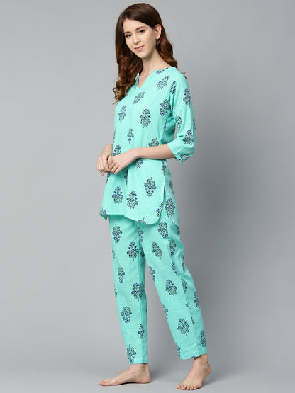 Women's Turq Green And Multi Floral Prnt Top And Pant Set