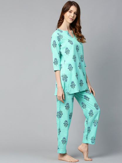 Women's Turq Green And Multi Floral Prnt Top And Pant Set