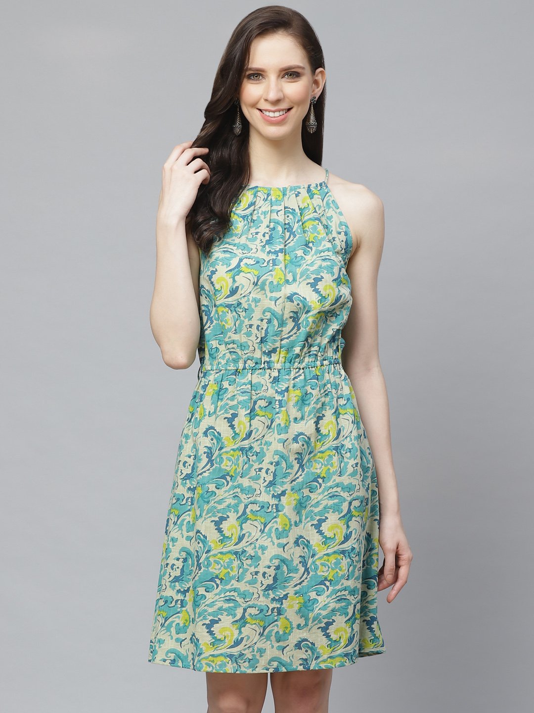 Women's White And Blue Floral Printed Halter Neck Cotton A-Line Dress