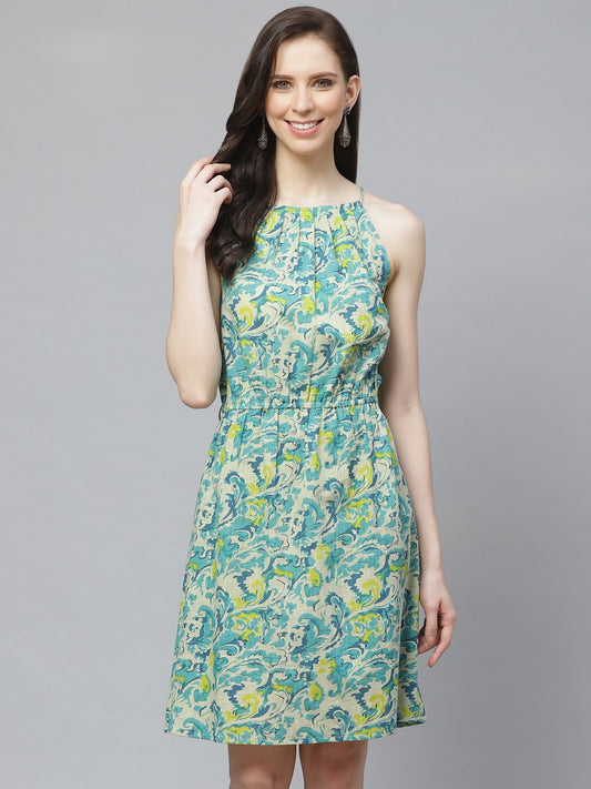 Women's White And Blue Floral Printed Halter Neck Cotton A-Line Dress