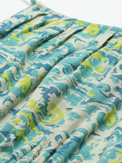 Women's White And Blue Floral Printed Halter Neck Cotton A-Line Dress