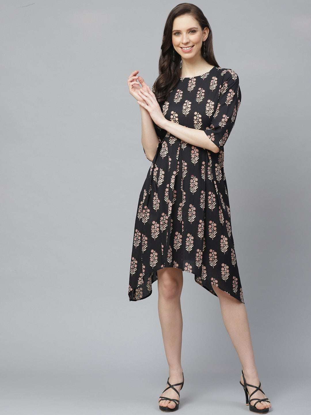 Women's Black Floral Printed Round Neck Cotton Fit And Flare Dress