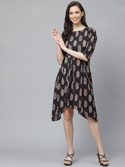 Women's Black Floral Printed Round Neck Cotton Fit And Flare Dress