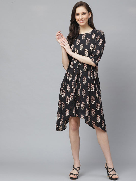 Women's Black Floral Printed Round Neck Cotton Fit And Flare Dress