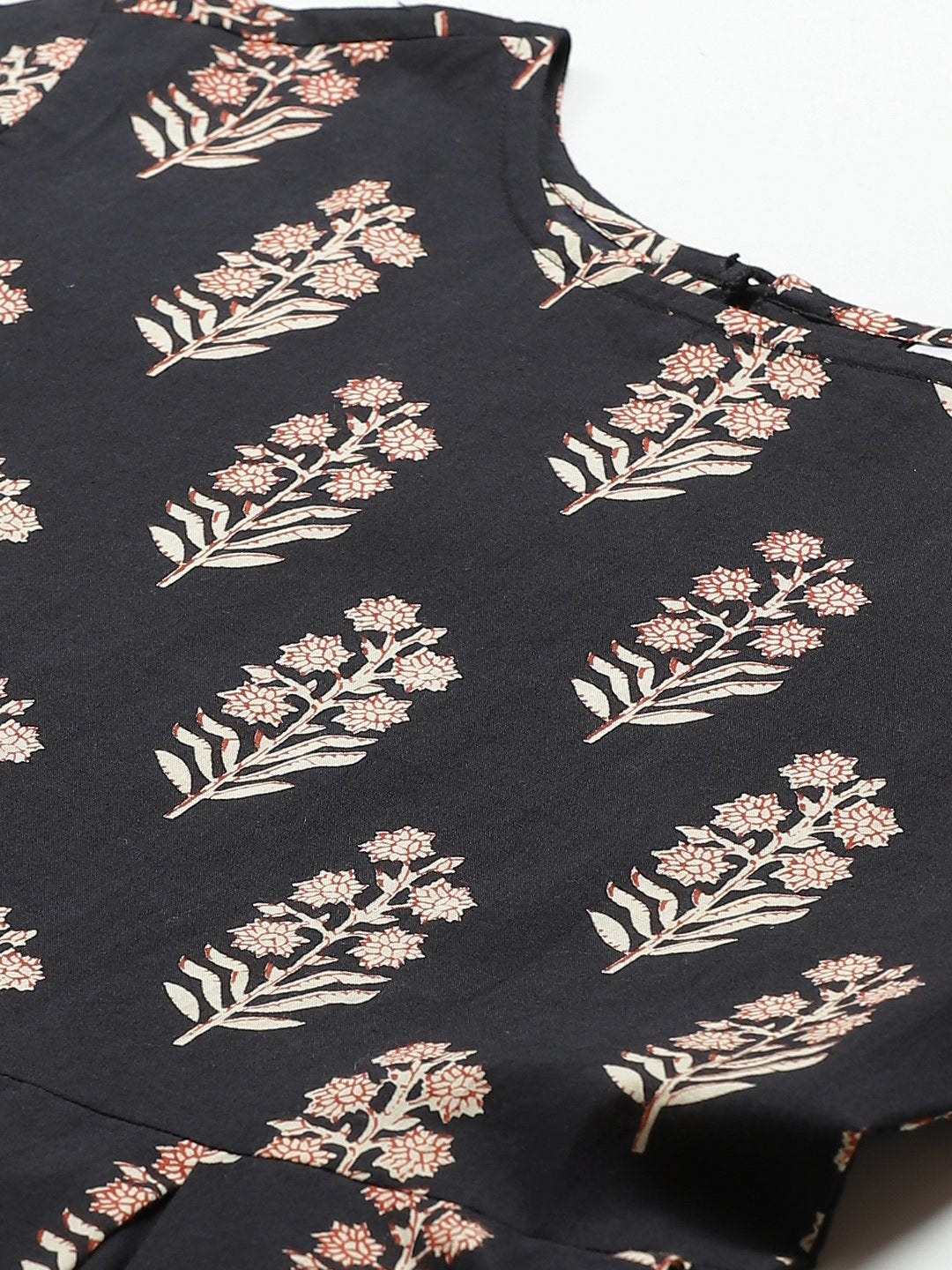 Women's Black Floral Printed Round Neck Cotton Fit And Flare Dress