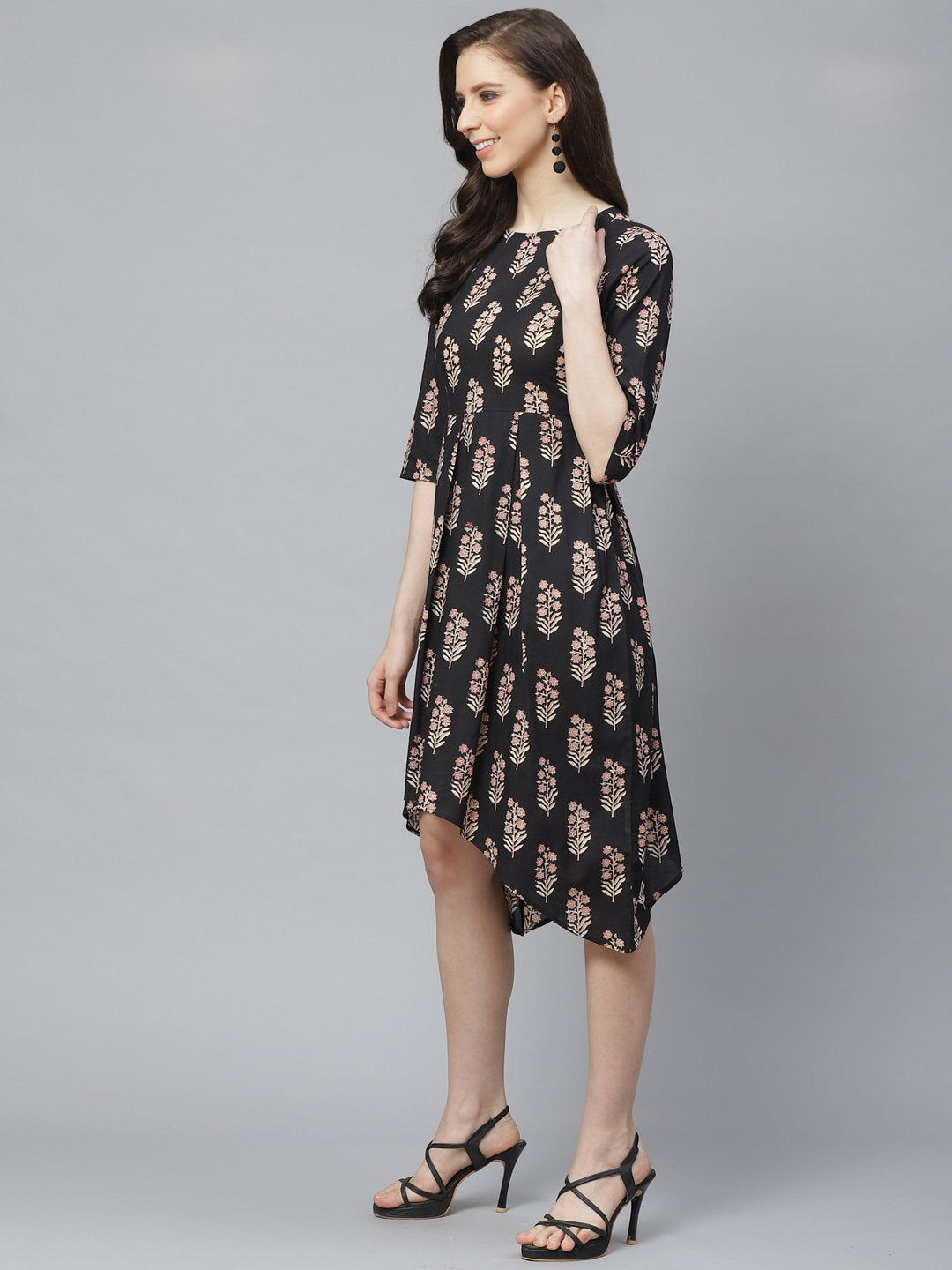 Women's Black Floral Printed Round Neck Cotton Fit And Flare Dress