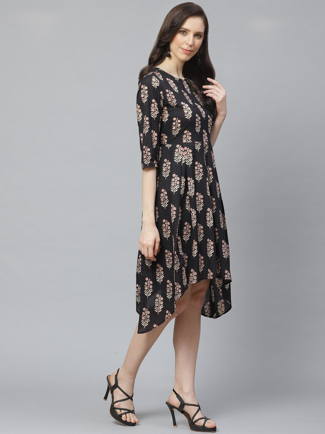Women's Black Floral Printed Round Neck Cotton Fit And Flare Dress