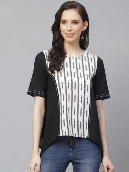 Women's Black And White Front Panel High And Low Tunic