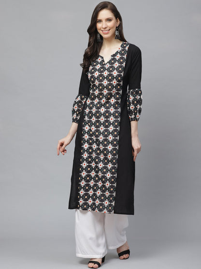 Women's Black Calf Length Long Sleeves A-Line Geometric Printed Cotton Kurta