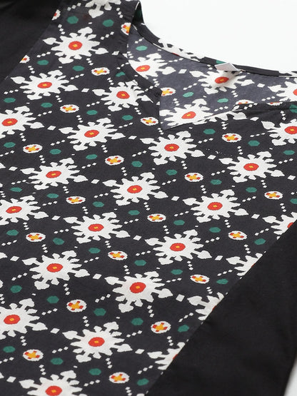 Women's Black Calf Length Long Sleeves A-Line Geometric Printed Cotton Kurta
