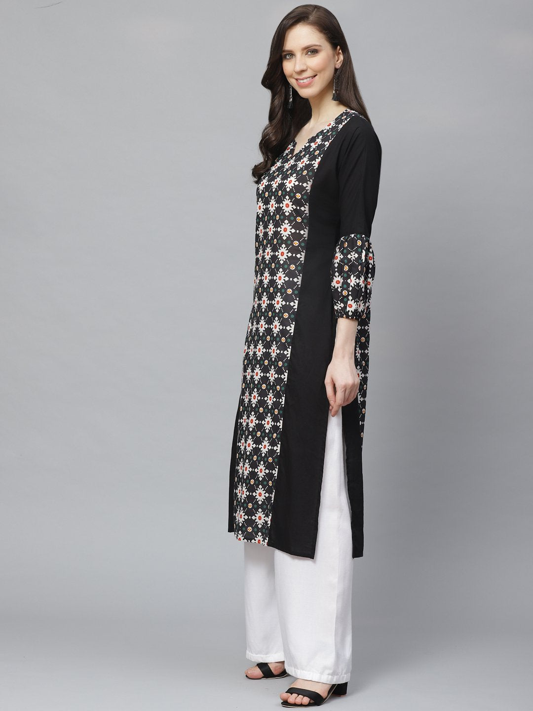 Women's Black Calf Length Long Sleeves A-Line Geometric Printed Cotton Kurta