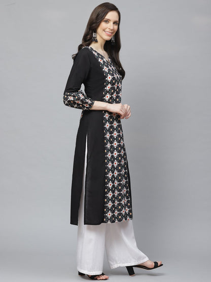 Women's Black Calf Length Long Sleeves A-Line Geometric Printed Cotton Kurta