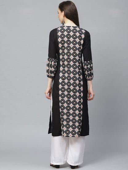 Women's Black Calf Length Long Sleeves A-Line Geometric Printed Cotton Kurta