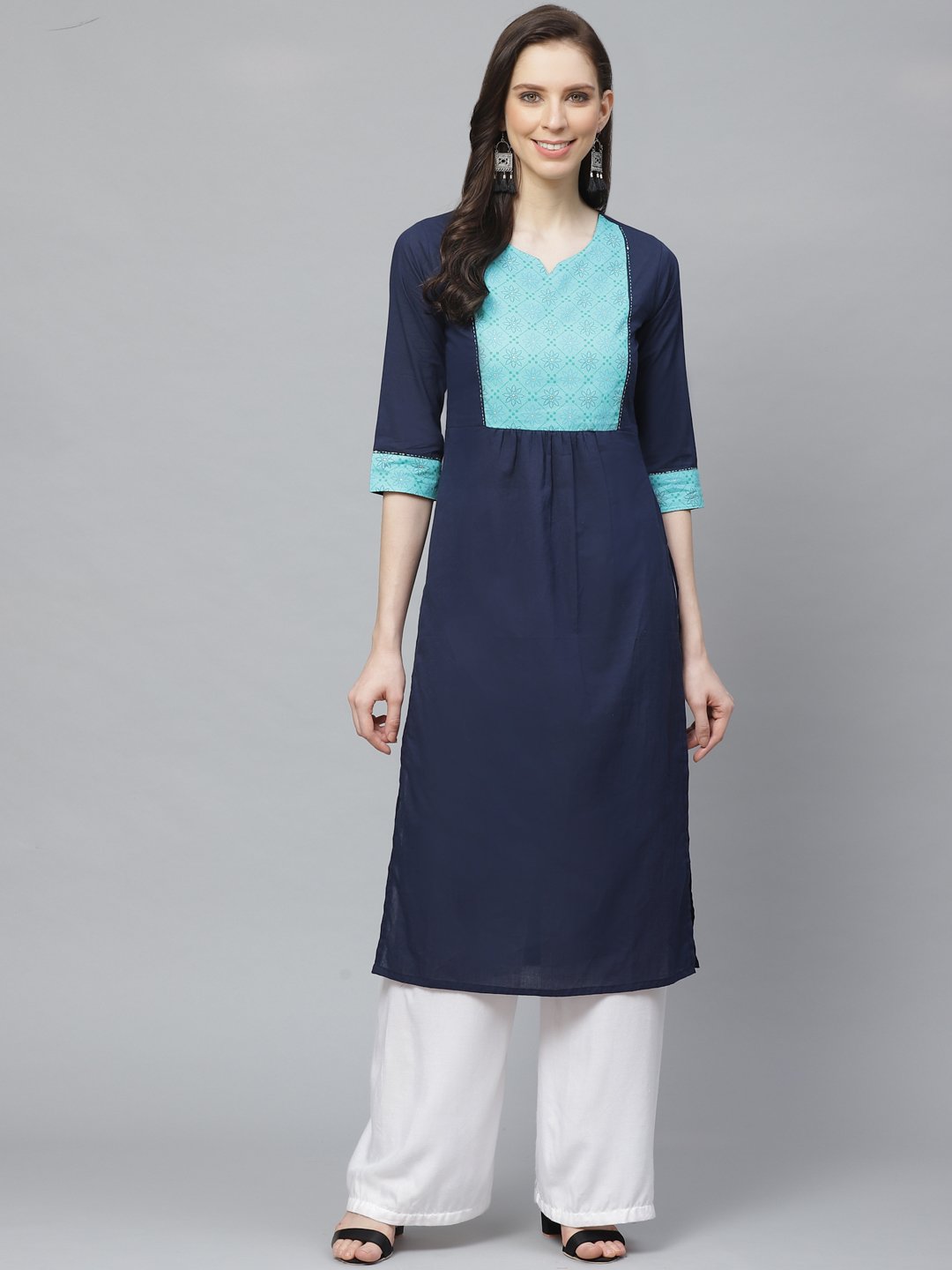 Women's Navy Blue Calf Length Three-Quarter Sleeves Straight Solid Yoke Design Cotton Kurta