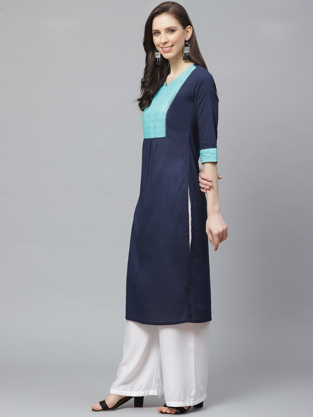 Women's Navy Blue Calf Length Three-Quarter Sleeves Straight Solid Yoke Design Cotton Kurta