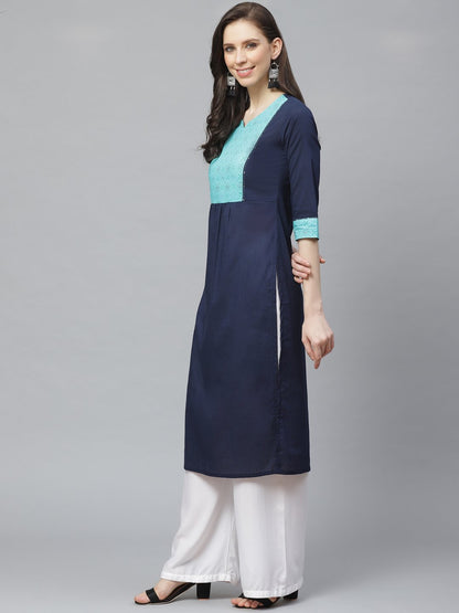 Women's Navy Blue Calf Length Three-Quarter Sleeves Straight Solid Yoke Design Cotton Kurta