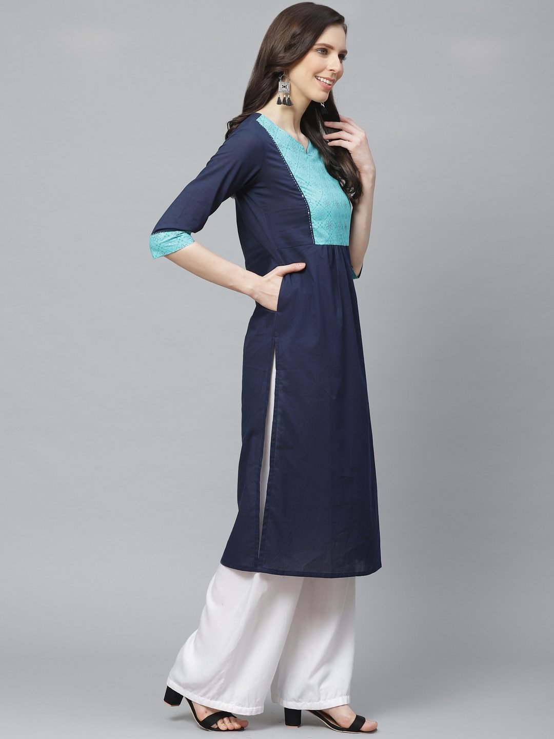 Women's Navy Blue Calf Length Three-Quarter Sleeves Straight Solid Yoke Design Cotton Kurta