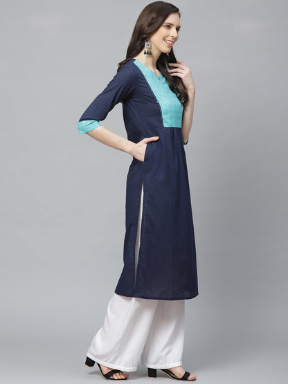 Women's Navy Blue Calf Length Three-Quarter Sleeves Straight Solid Yoke Design Cotton Kurta