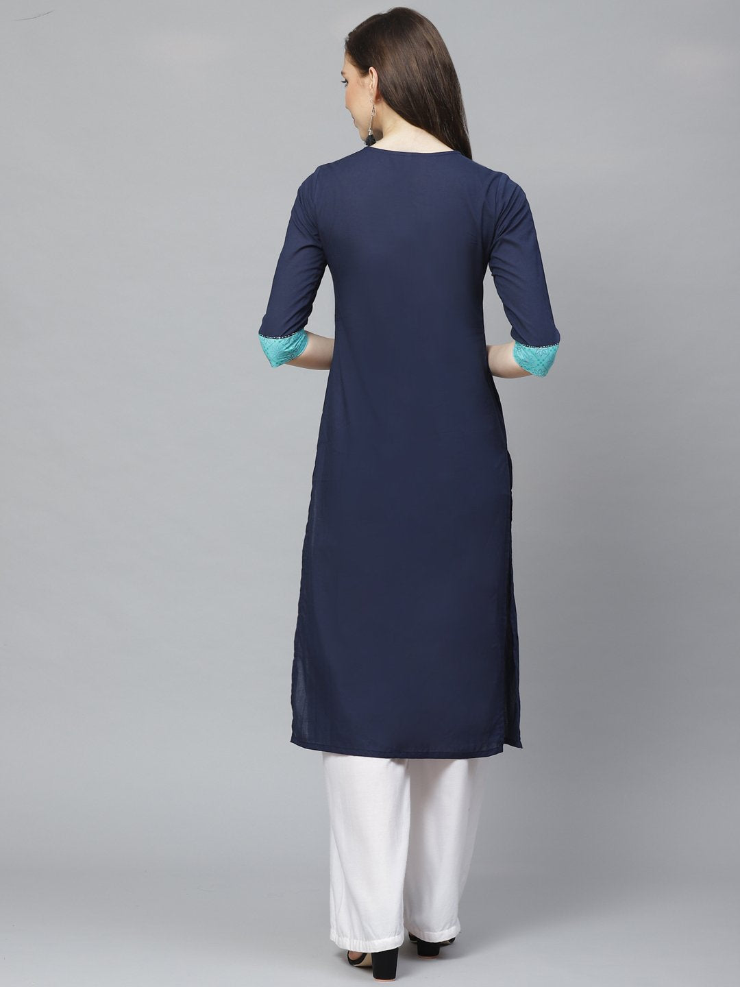Women's Navy Blue Calf Length Three-Quarter Sleeves Straight Solid Yoke Design Cotton Kurta