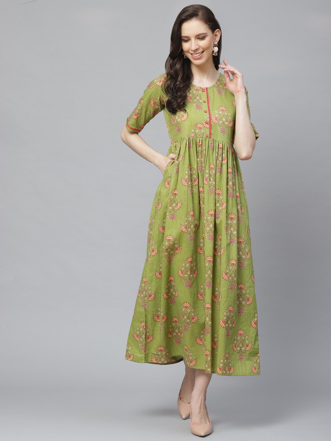 Women's Green Floral Printed Round Neck Cotton A-Line Dress