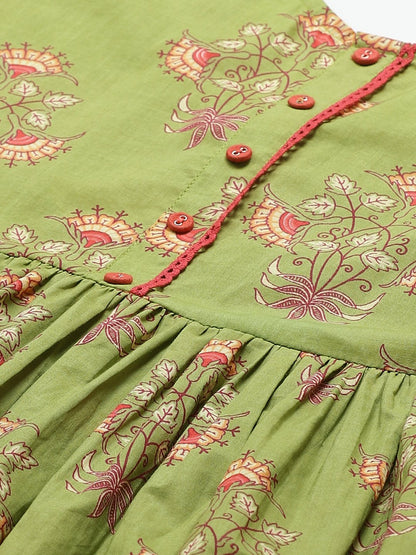 Women's Green Floral Printed Round Neck Cotton A-Line Dress
