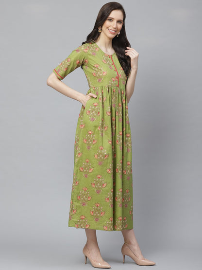 Women's Green Floral Printed Round Neck Cotton A-Line Dress