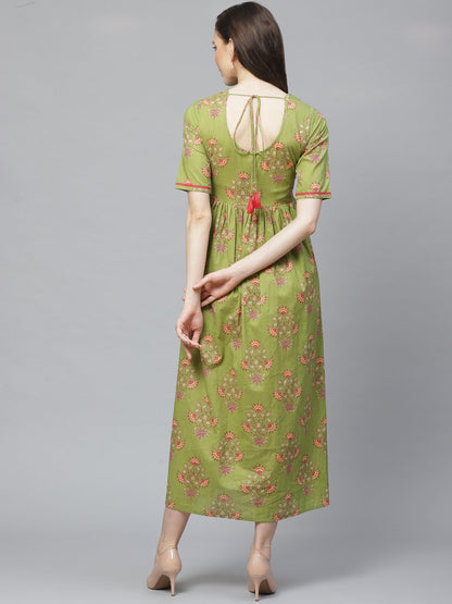Women's Green Floral Printed Round Neck Cotton A-Line Dress