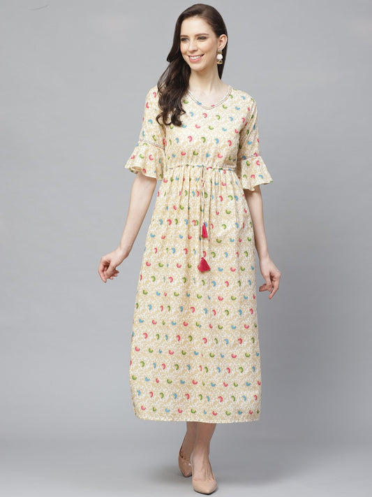 Women's White Floral Printed V-Neck Cotton Fit And Flare Dress