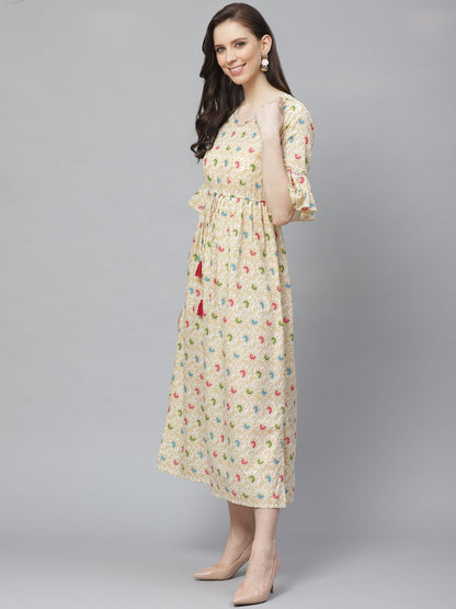 Women's White Floral Printed V-Neck Cotton Fit And Flare Dress