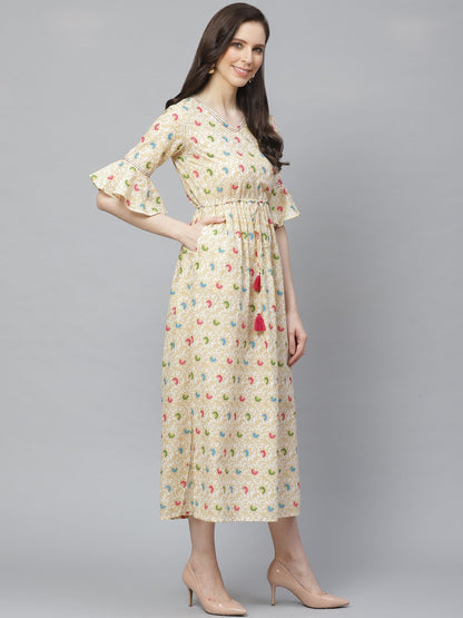 Women's White Floral Printed V-Neck Cotton Fit And Flare Dress