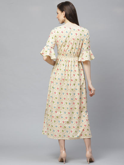 Women's White Floral Printed V-Neck Cotton Fit And Flare Dress