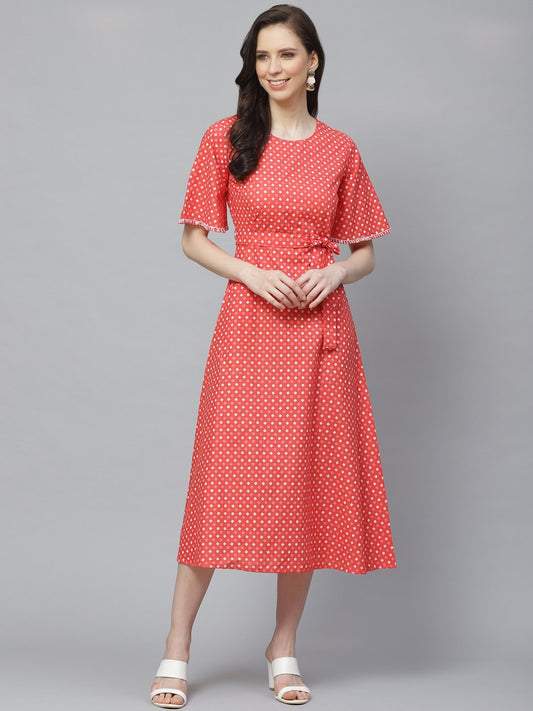 Women's Peach Floral Printed Round Neck Cotton Fit And Flare Dress