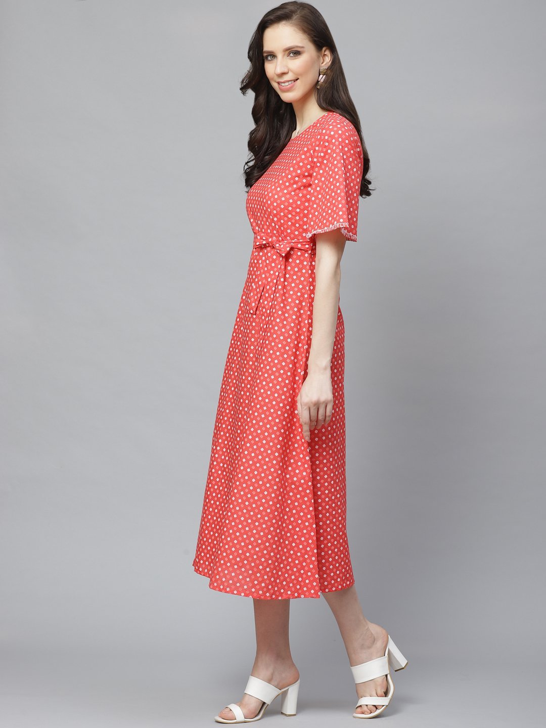 Women's Peach Floral Printed Round Neck Cotton Fit And Flare Dress