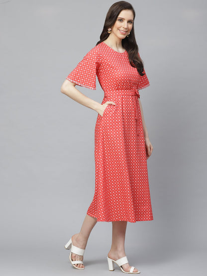 Women's Peach Floral Printed Round Neck Cotton Fit And Flare Dress