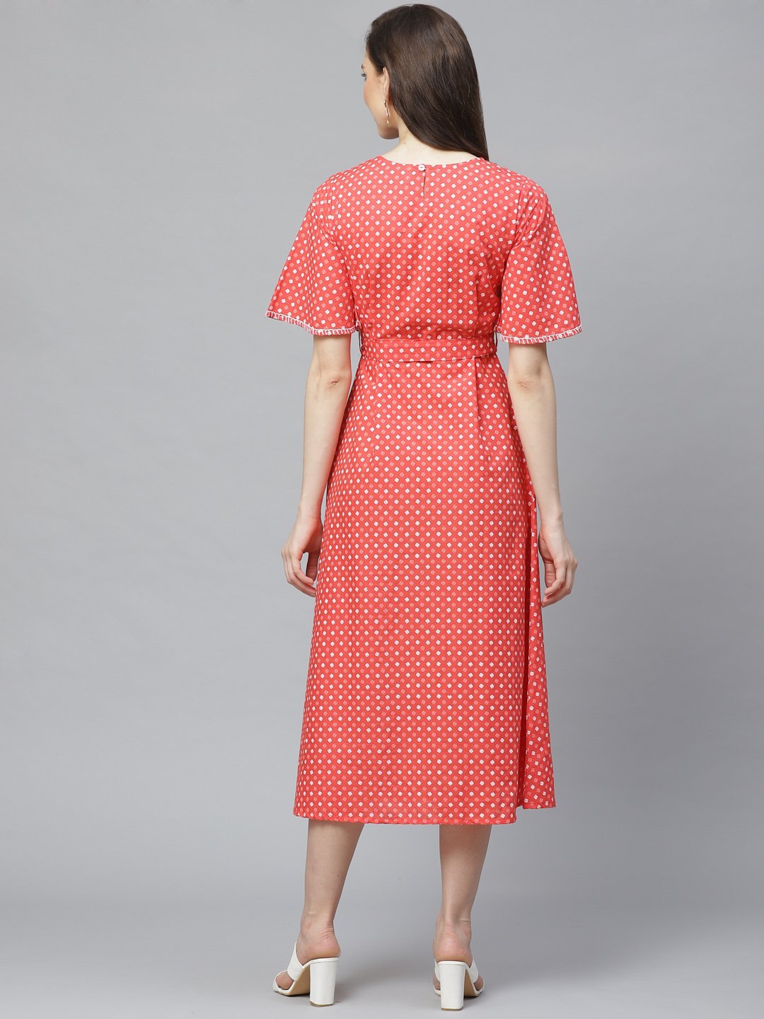 Women's Peach Floral Printed Round Neck Cotton Fit And Flare Dress