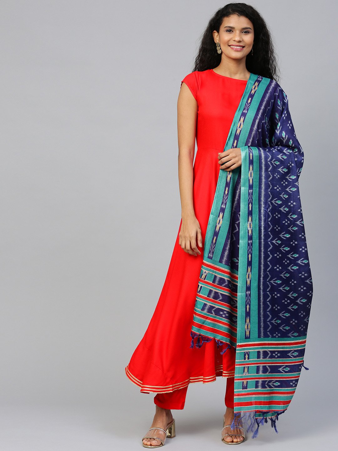 Women's Red Short Sleeves Flared Kurta Trouser Dupatta Set