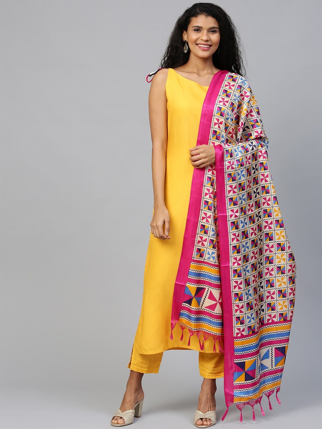 Women's Mustard  Sleeveless Straight Kurta Trouser Dupatta Set