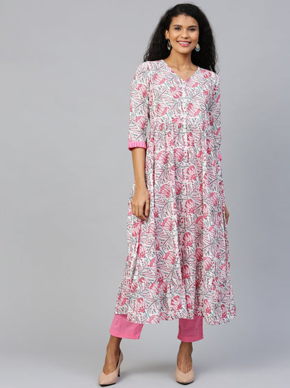 Women's White Three-Quarter Sleeves Flared Kurta And Trouser Set