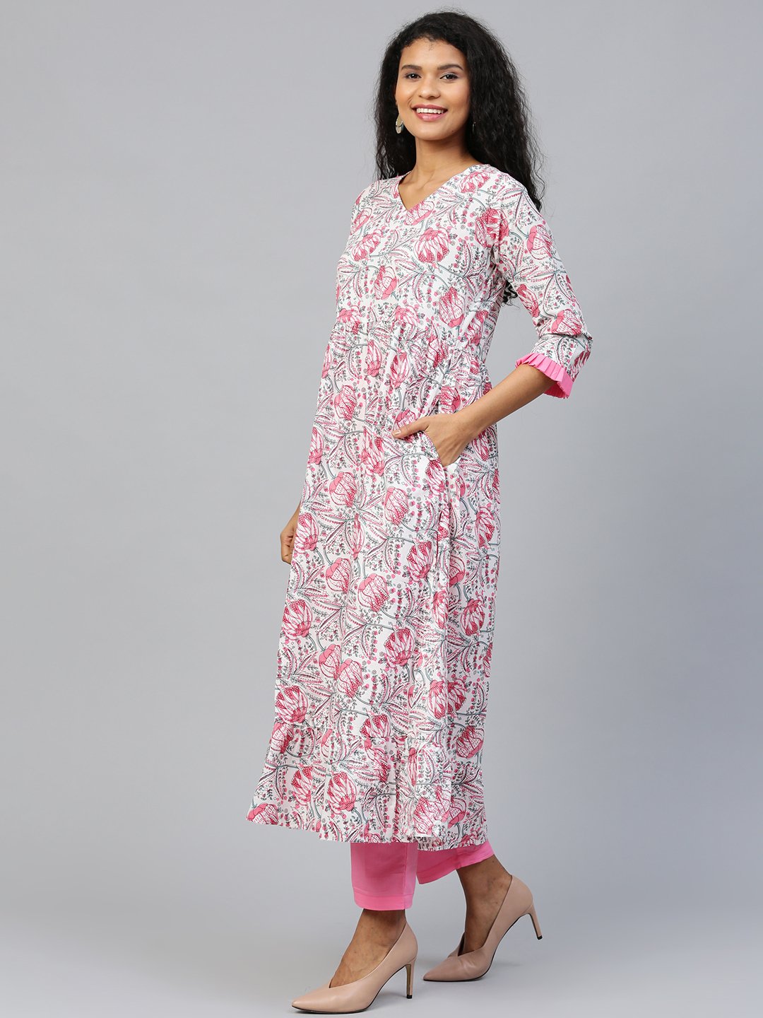 Women's White Three-Quarter Sleeves Flared Kurta And Trouser Set