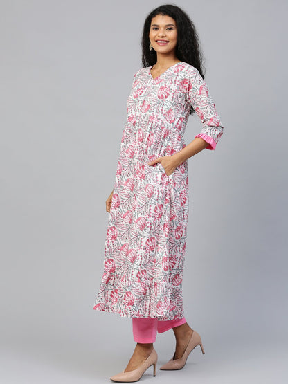 Women's White Three-Quarter Sleeves Flared Kurta And Trouser Set