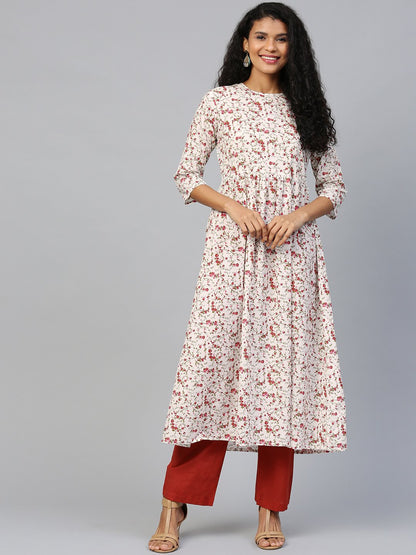 Women's White Three-Quarter Sleeves Flared Kurta And Trouser Set