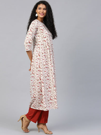 Women's White Three-Quarter Sleeves Flared Kurta And Trouser Set