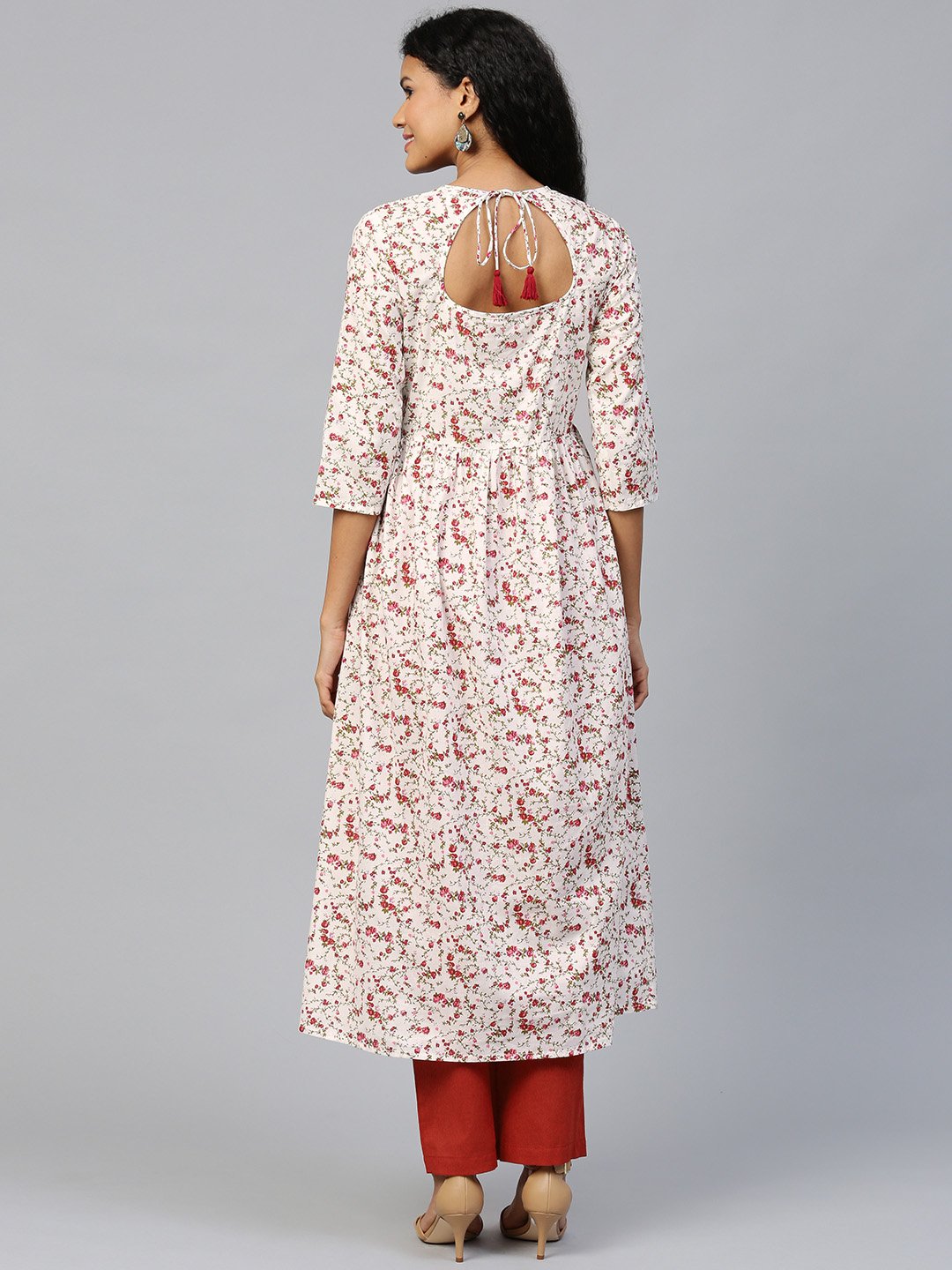 Women's White Three-Quarter Sleeves Flared Kurta And Trouser Set