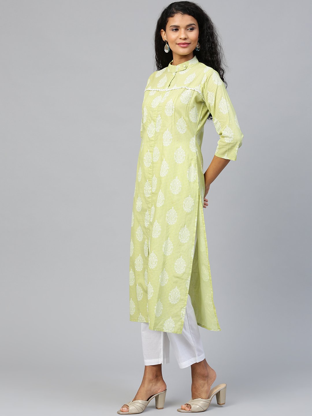 Women's White Three-Quarter Sleeves Flared Kurta And Trouser Set