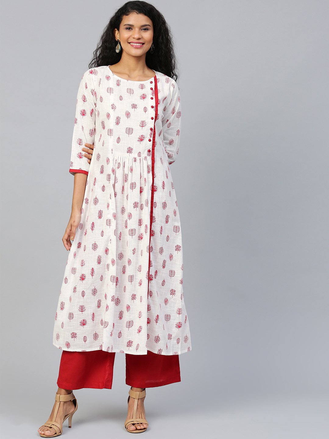 Women's White Three-Quarter Sleeves Flared Kurta With Palazzo