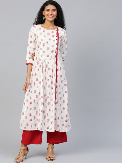 Women's White Three-Quarter Sleeves Flared Kurta With Palazzo