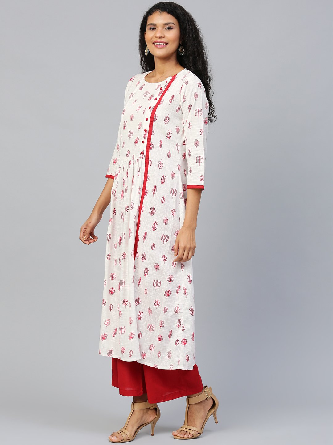 Women's White Three-Quarter Sleeves Flared Kurta With Palazzo