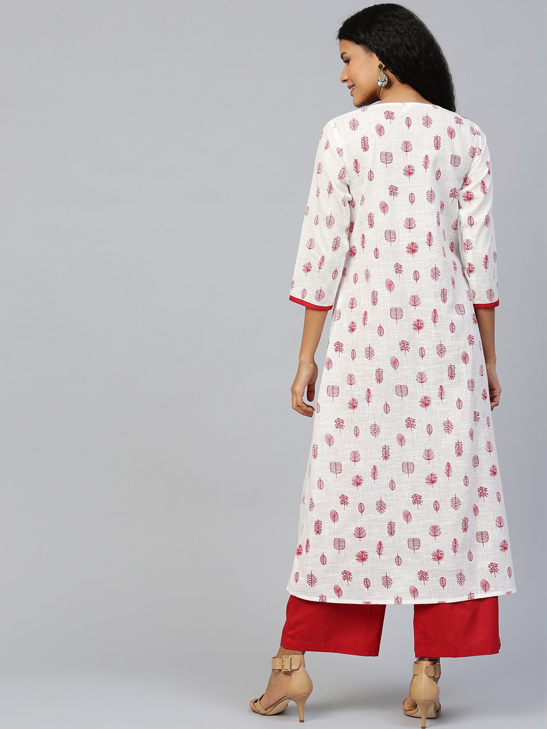 Women's White Three-Quarter Sleeves Flared Kurta With Palazzo
